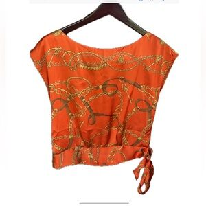 Elegant Orange Gold Chain Tie side  Cap Sleeve Silky Blouse